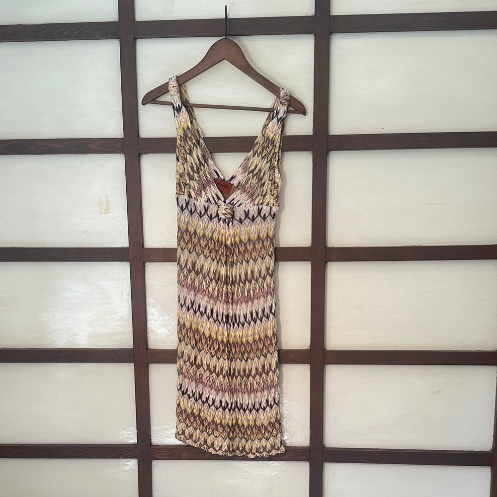 Missoni Sleeveless Zigzag Midi Dress in Cream, Brown and Pink